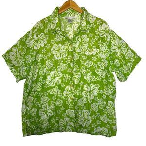 Vintage Melrose Silk Studio Hawaiian Tropical Button Shirt Sz XL Lime Green